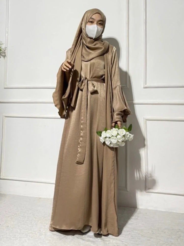 Open Abaya 2 Piece Set Modest Flare Sleeve Satin Islamic Under Dress for Women with Abayas Matching Muslim Suit Islam Sets