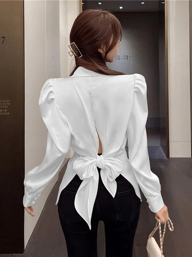 Women Back Bow Elegant Puff Sleeve Shirt Fashion Slim Casual Blouse Korean Hollow Out Turn Down Collar Tops