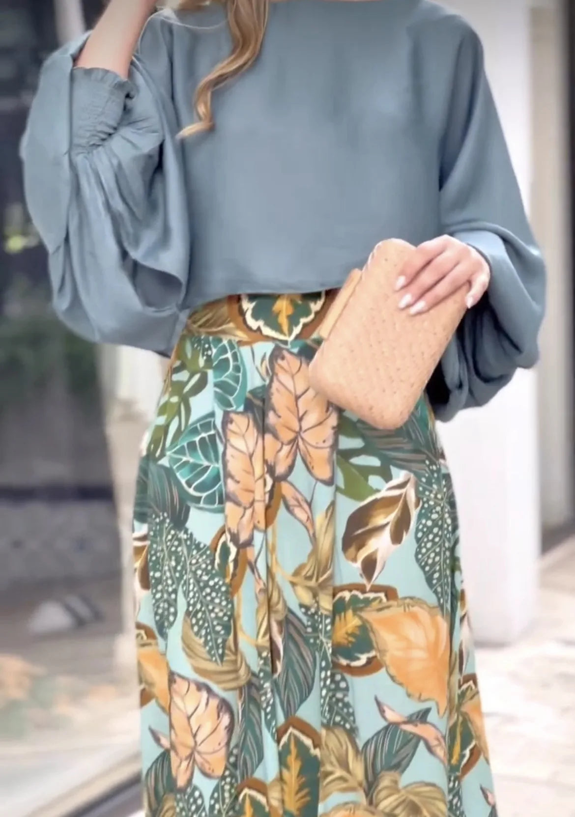 Summer Elegant Women's Leisure Fashion Set  Women's New Lantern Sleeves Loose Solid Tops Printed Wide Legs 2 Piece Set S-3XL