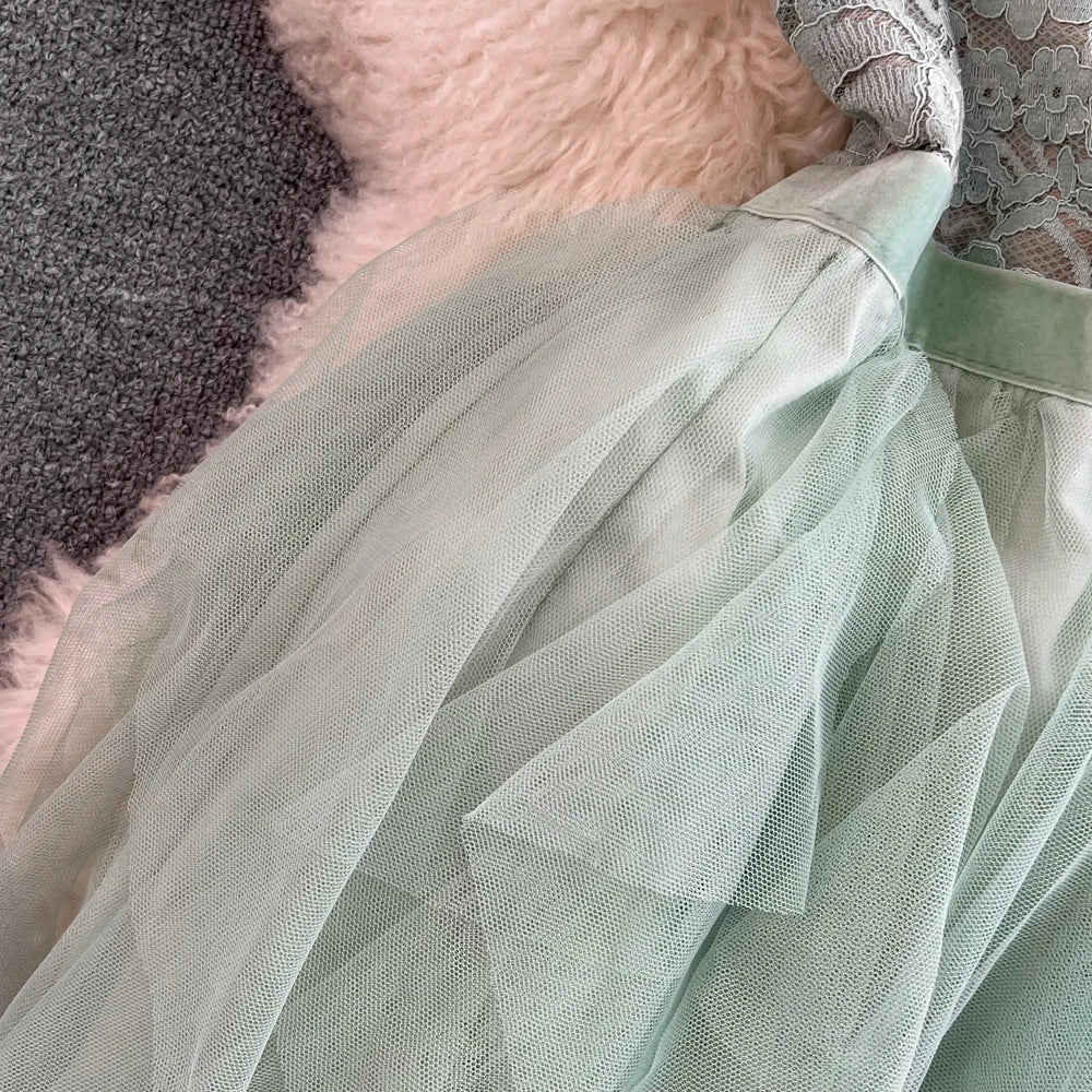Embroidery Long Dress for Women Tulle Stitching Ruffle Layered  Female Prom Dresses Elegant Party Formal