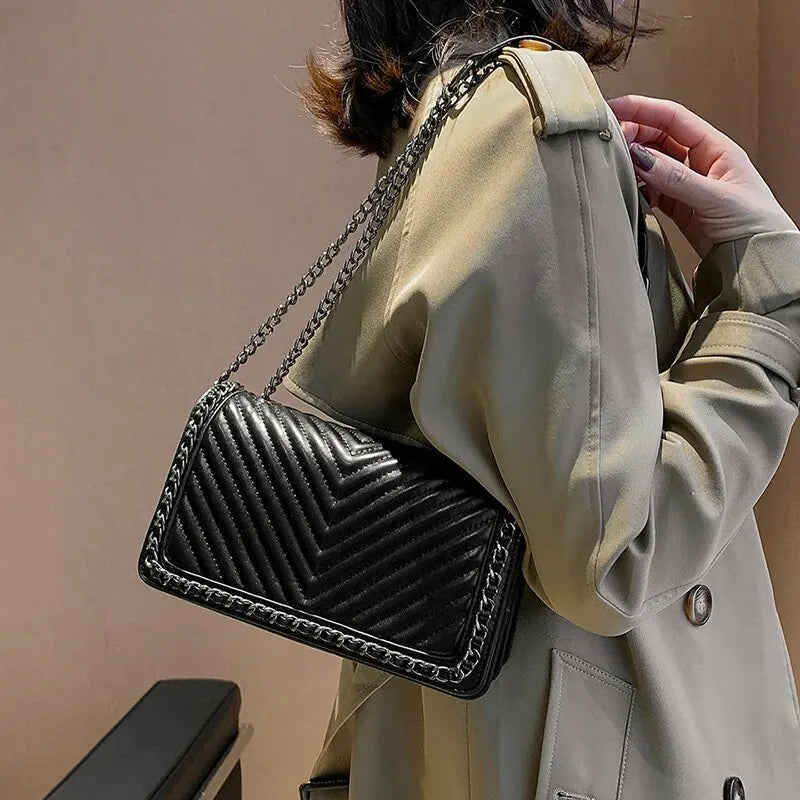 Simple Small Square Bag With Chain Decoration V Embroidery Thread Single Shoulder Crossbody Bag