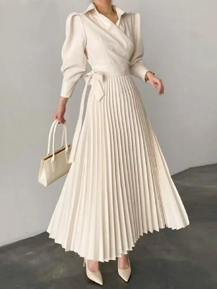 Women Midi Dress  Autumn New  Collar Puff Sleeves High Waisted Pleated Dresses Elegant Evening Party Dress