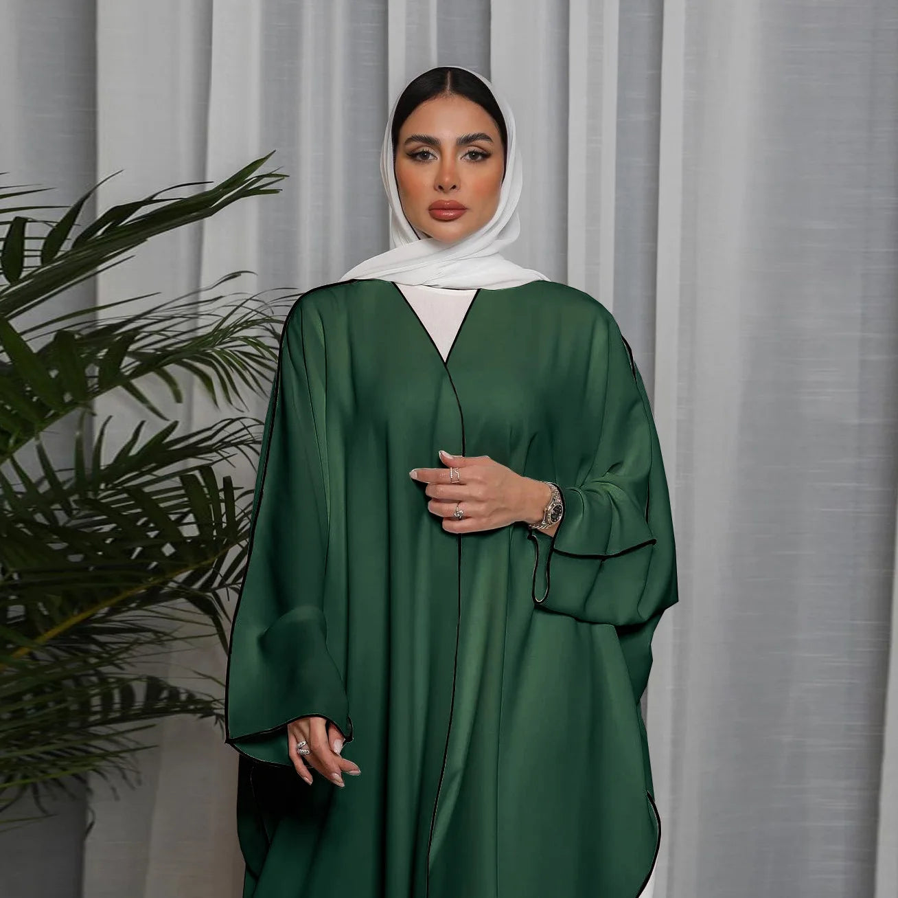 Open Front Long Sleeve Abaya Dress, Elegant Contrast Trim Maxi Length Dress, Women's Clothing