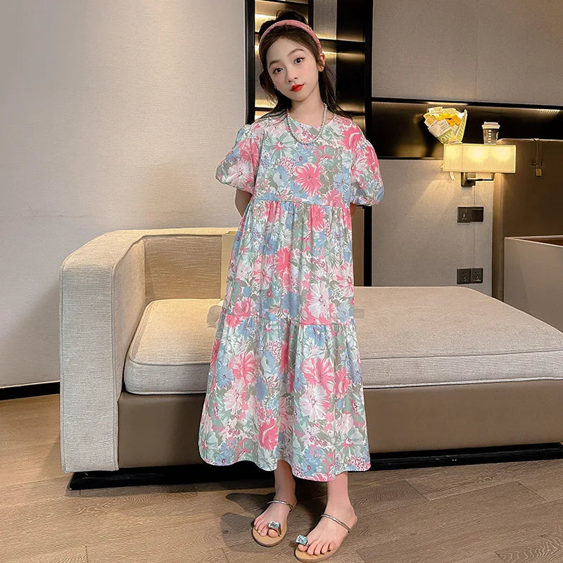 Summer Girls Printed Dress Puff Sleeve Casual Long Floral Pincess Dresses for Kids Teenage Children Clothes