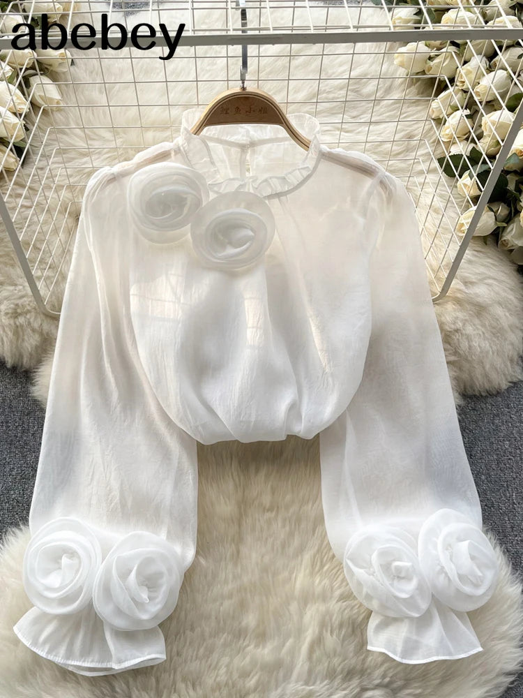 Ruffle Chiffon Blouse Summer Women Lantern Sleeve Fashion Loose Vacation Ladies Casual Chic Tops