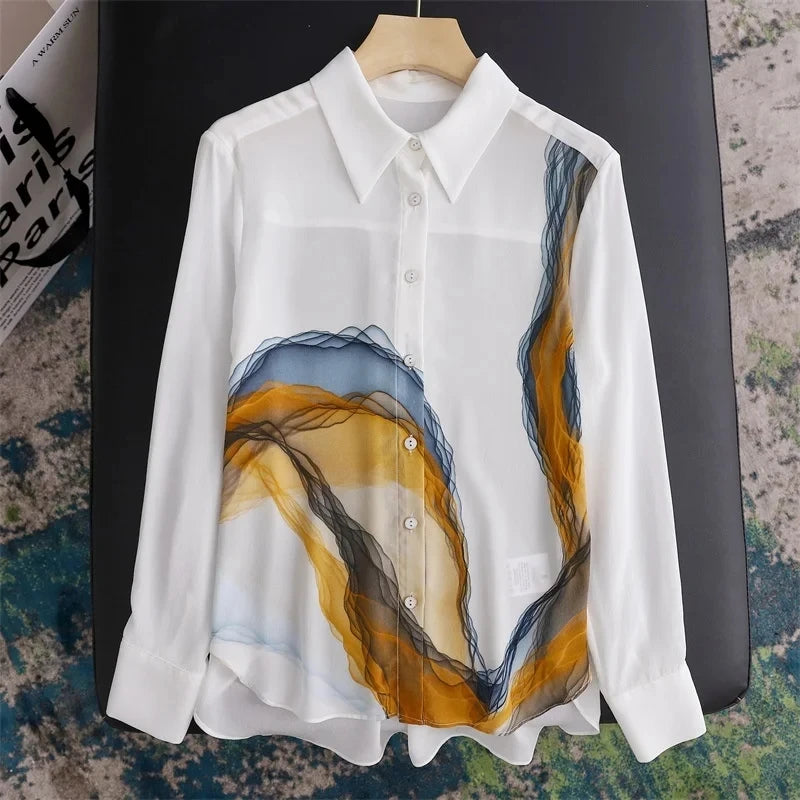 Women Spring Summer Satin blouses Blouses Shirt Lady Casual Long Sleeve Turn-down Collar Print Slim Tops
