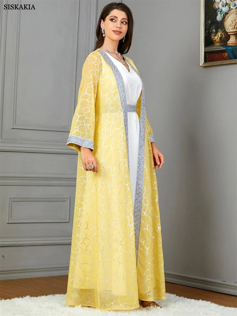 woman Floral Gold Stamping Open Kimono And White Sleeveless Under Dress With Sashes Jalabiyat Robe