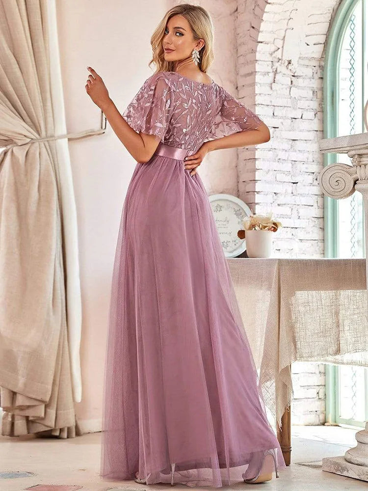 Women Elegant Long Dresses  New Luxury Designer Short Sleeve Lace Mesh Sequin Formal Turkish Wedding Evening Party Prom Robe