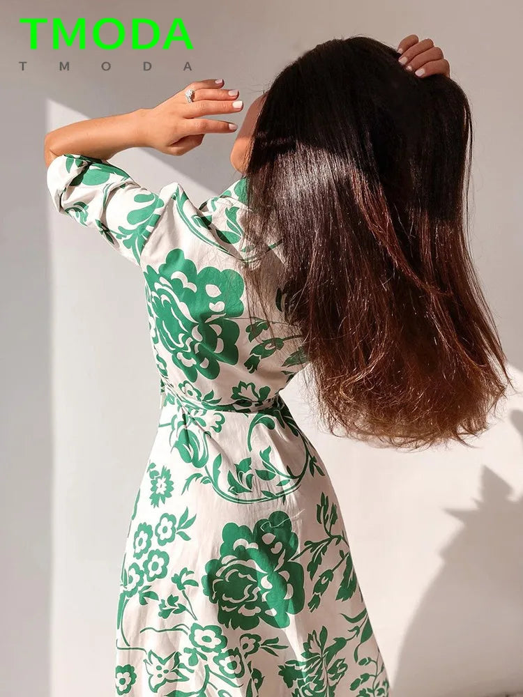 Women Green Floral Midi Dress With Belt Vintage Three Quarter Sleeve Dress Female Outwear Vestidos