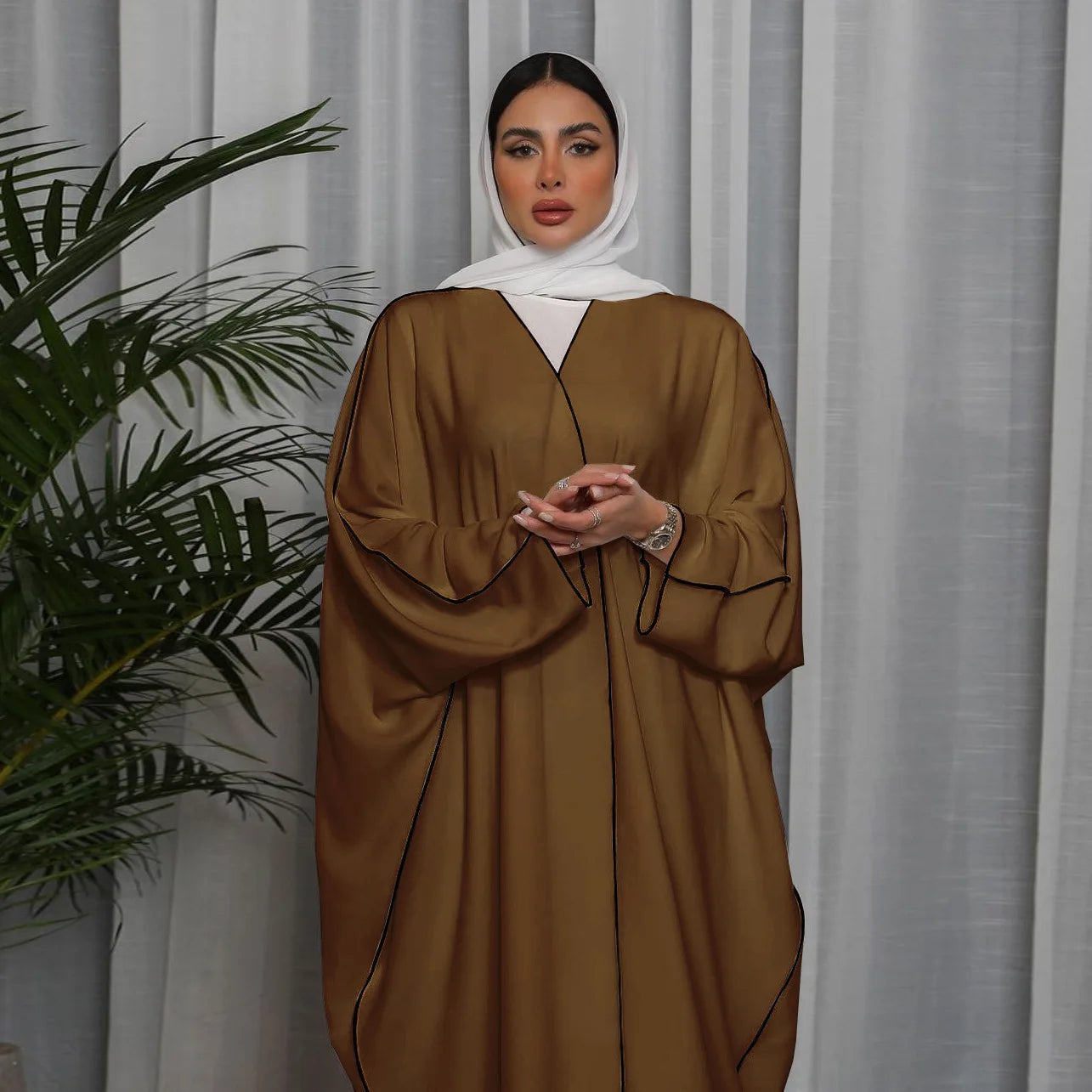 Open Front Long Sleeve Abaya Dress, Elegant Contrast Trim Maxi Length Dress, Women's Clothing