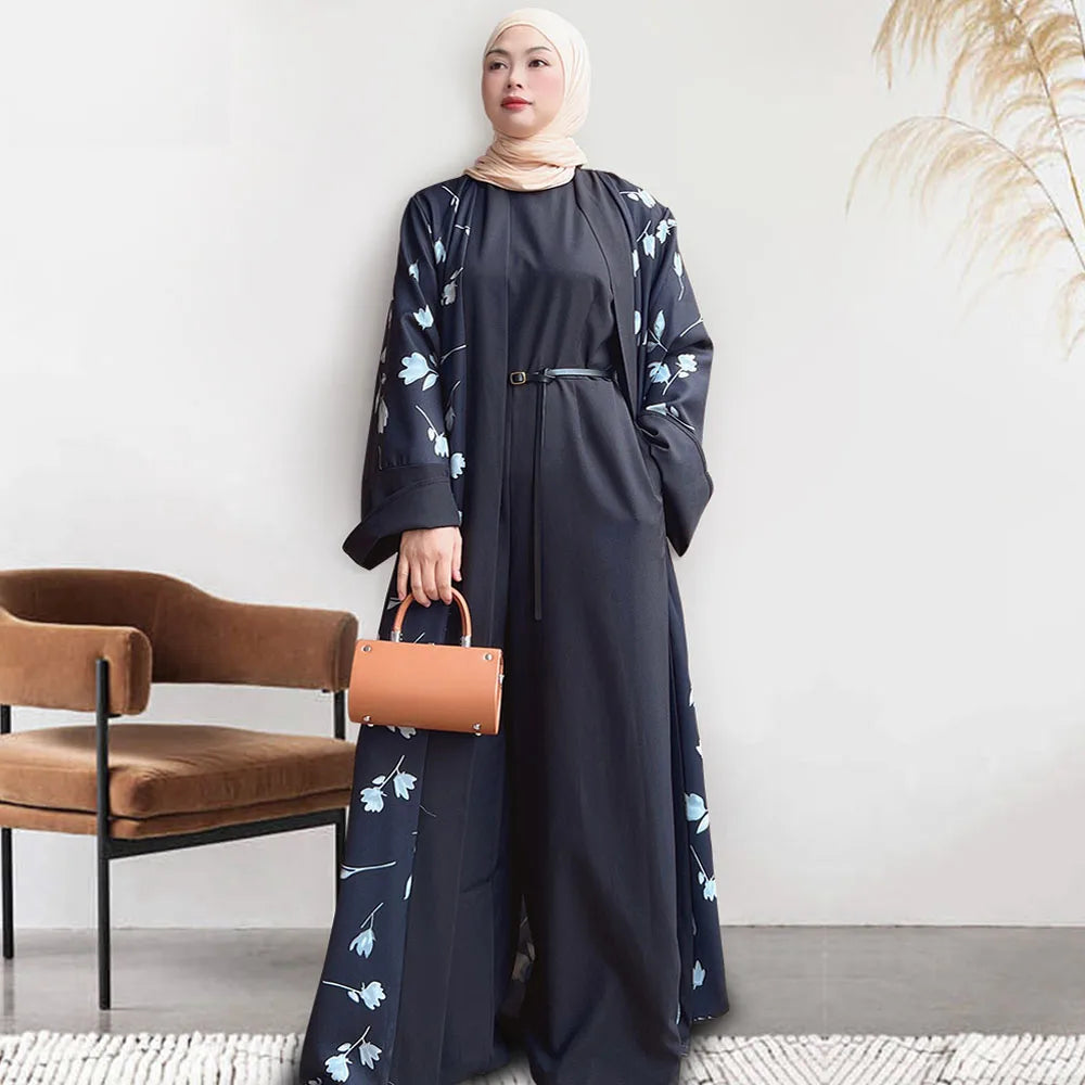 Eid Ramadan Open Abaya Dubai Turkey Kaftan Women Muslim Floral Print Maxi Dress Kimono Cardigan Islamic Clothing Robe Jalabiya