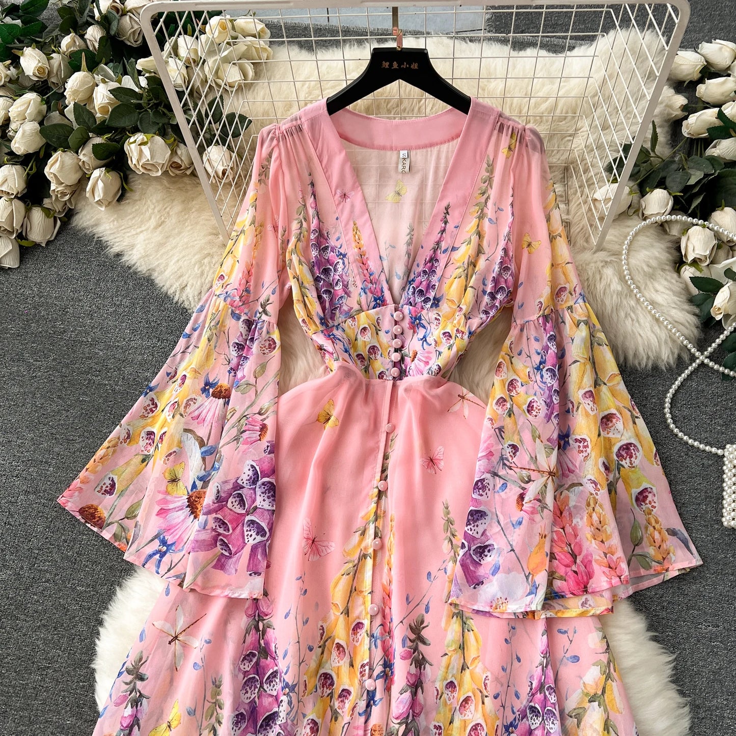 Elegant Deep V-Neck Floral Print Dress French Flare Sleeve Chiffon Tierred Cake Dress Holiday Vestido
