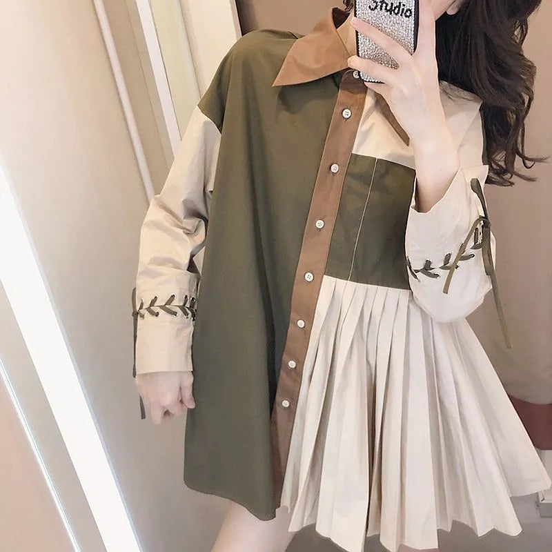 Vintage Female Pleated Spliced Long Sleeve Shirt Stylish Spring Women's Clothing Casual Loose Button Lace Up Blouse