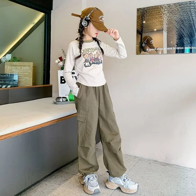 spring autumn Children set Clothes Girls tracksuit bear t shirt tops + Sport cargo pants Kid Teenager