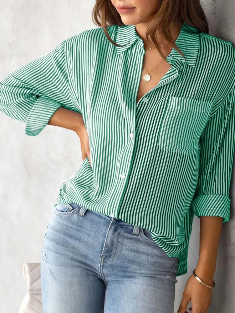 Striped Shirt, Button Up Shirts Female Loose Casual Long Sleeve Shirt Blouses for Women