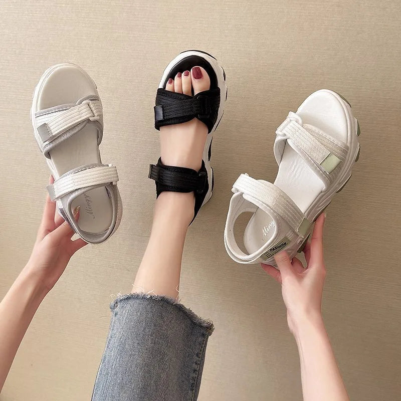 Canvas Thick-soled Sandals Women's  New Summer Hook Loop Heightening Soft Soled Casual Sports Beach Sandals Women's Shoes