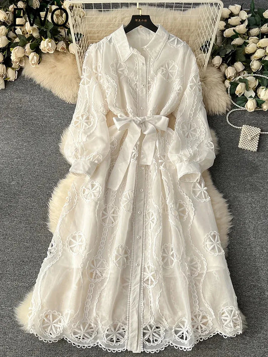 Sweet Style Women's Dress Embroidery Hollow Out Single-breasted Puff Long Sleeve Vestidos Winter Spring 2024 New