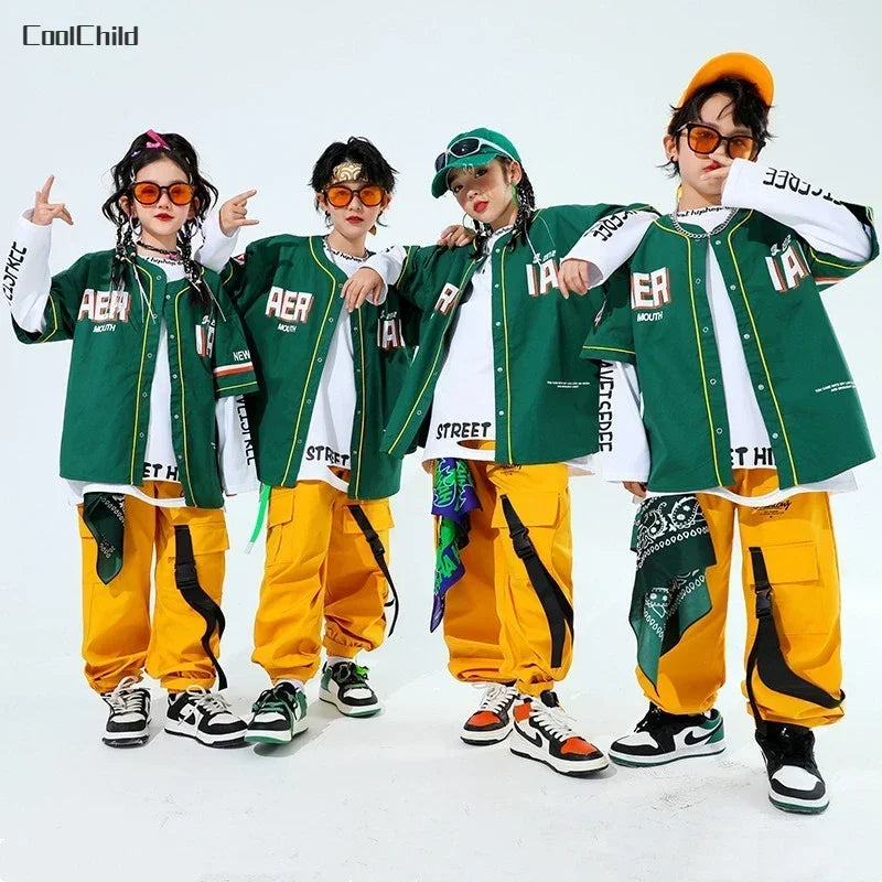Hip Hop Boys Fashion Baseball Jacket Solid Caro Pants Girls Cool Streetwear Children Jazz Clothes Sets Kids Street Dance Costume
