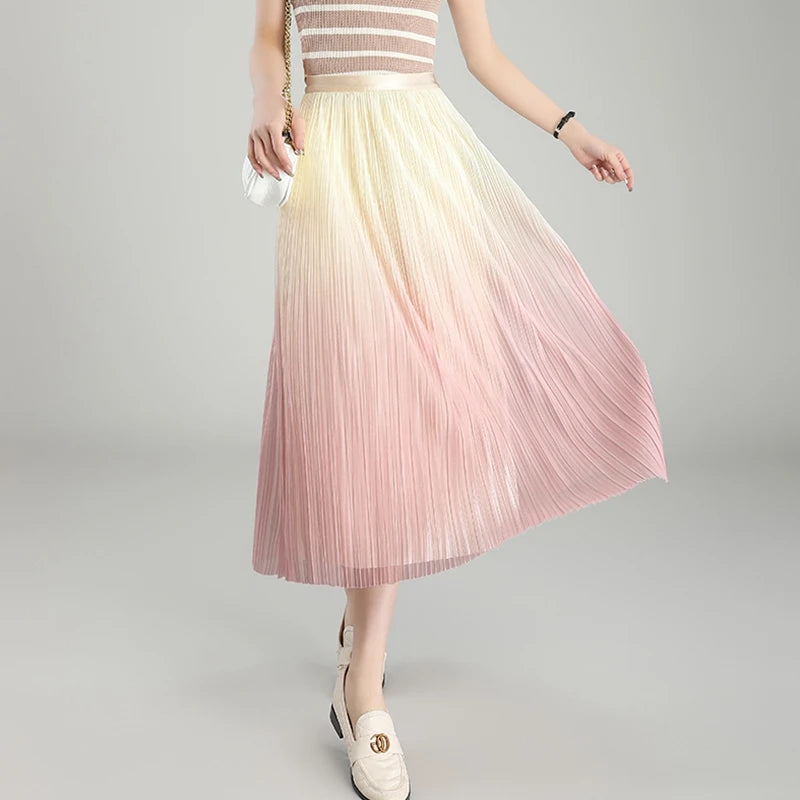 Fashion Gradient Pleated Mesh Tulle Skirts Women Elegant Casual High Waist A-Line Party Midi Long Skirt Ladies Spring Summer