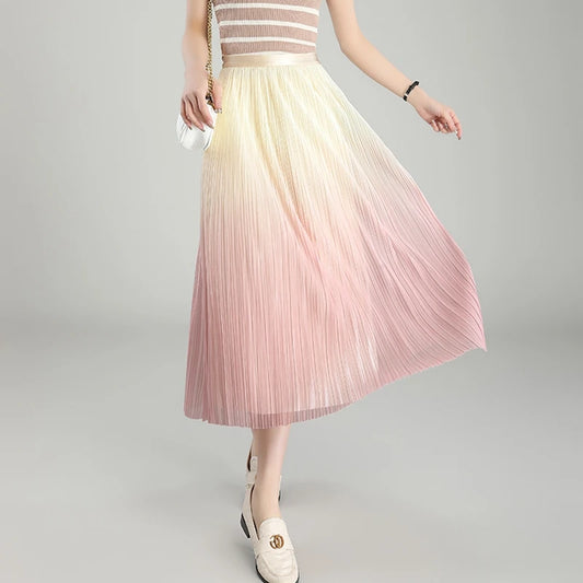 Fashion Gradient Pleated Mesh Tulle Skirts Women Elegant Casual High Waist A-Line Party Midi Long Skirt Ladies Spring Summer