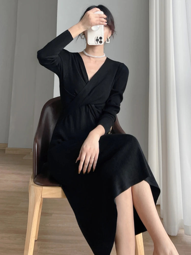 V-neck Knitted Sweater Dress Women Long Sleeve Office Lady Elegant Slim Party Dresses Female  Autumn Winter