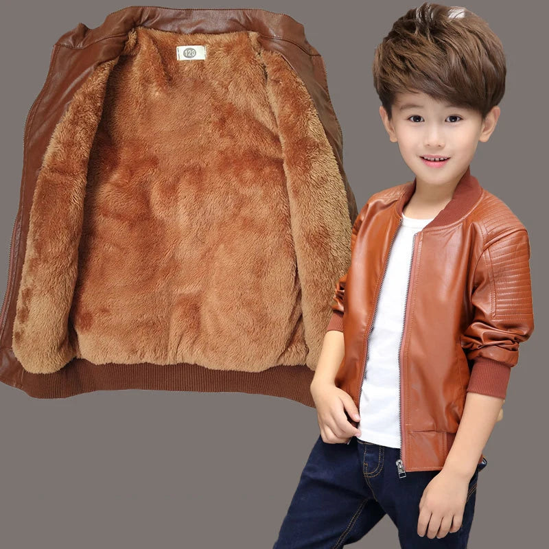 Big Boys Coat Autumn Winter Plus Velvet Warm Teen Kids Leather Jacket Fashion Waterproof Children Outwear