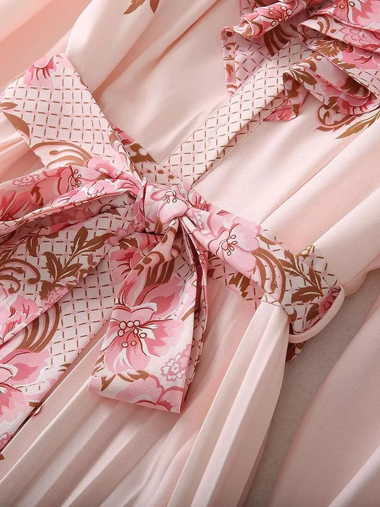 Spring Fashion Runway Dress Women Long Sleeve Ruffles Floral Print Midi Pleated Vestidos Casual Holiday Pink Dresses