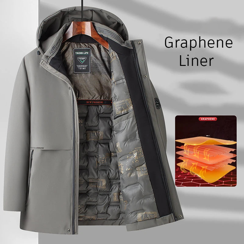 Men's Winter Mid-Long Coat Warm Papa Jacket Graphene Liner Thick Coat Hat Detachable Long Jacket Business Jacket