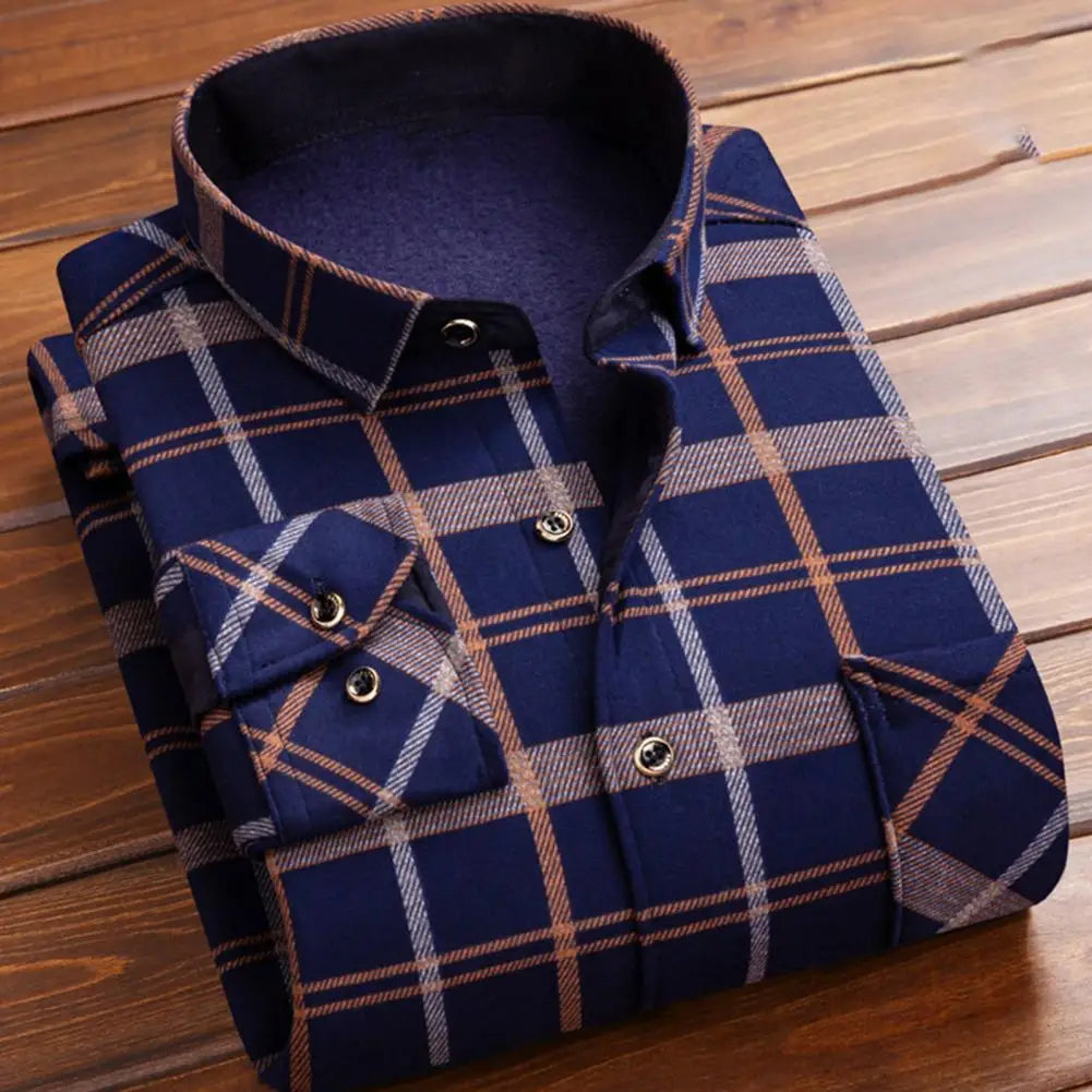 Men Fall Winter Shirt Plaid Print Thick Plush Shirt Long Sleeve Lapel Single-breasted Men Fleece Shirt Men Casual Cardigan Shirt