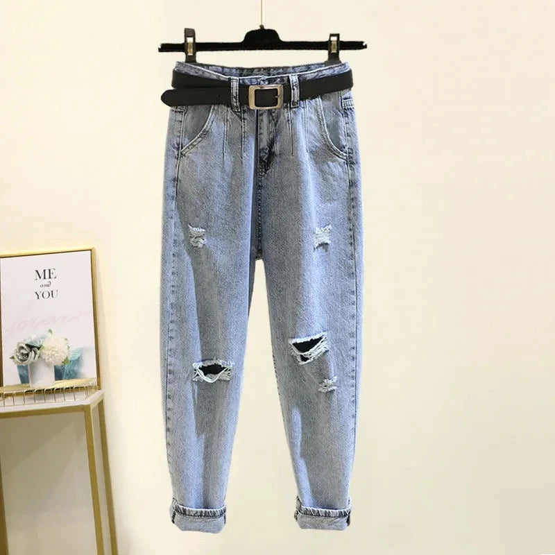 Style Elegant Women's Pants Set Loose Casual Chiffon Shirt Pierced Jeans Two-piece Set Outfits