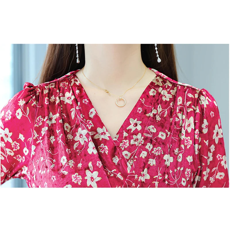 Summer Green Floral Chiffon  Loose Dress for Women Elegant Bodycon Party Dresses  Long Sleeve V-neck Night Long Vestidos