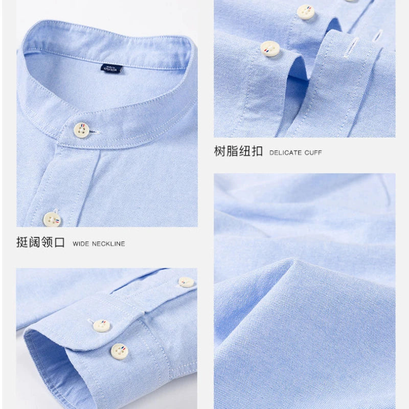 Spring and Autumn New Pure Cotton Stand Collar Oxford Spun Long Sleeve Shirt Japanese Casual No-Iron Fashion Men's Clothing