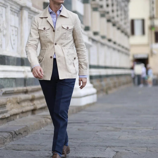 Mens Coats Safari Jacket Linen British Retro Gentry Suit Pockets Outerwear & Coats Fashion Solid Color Male