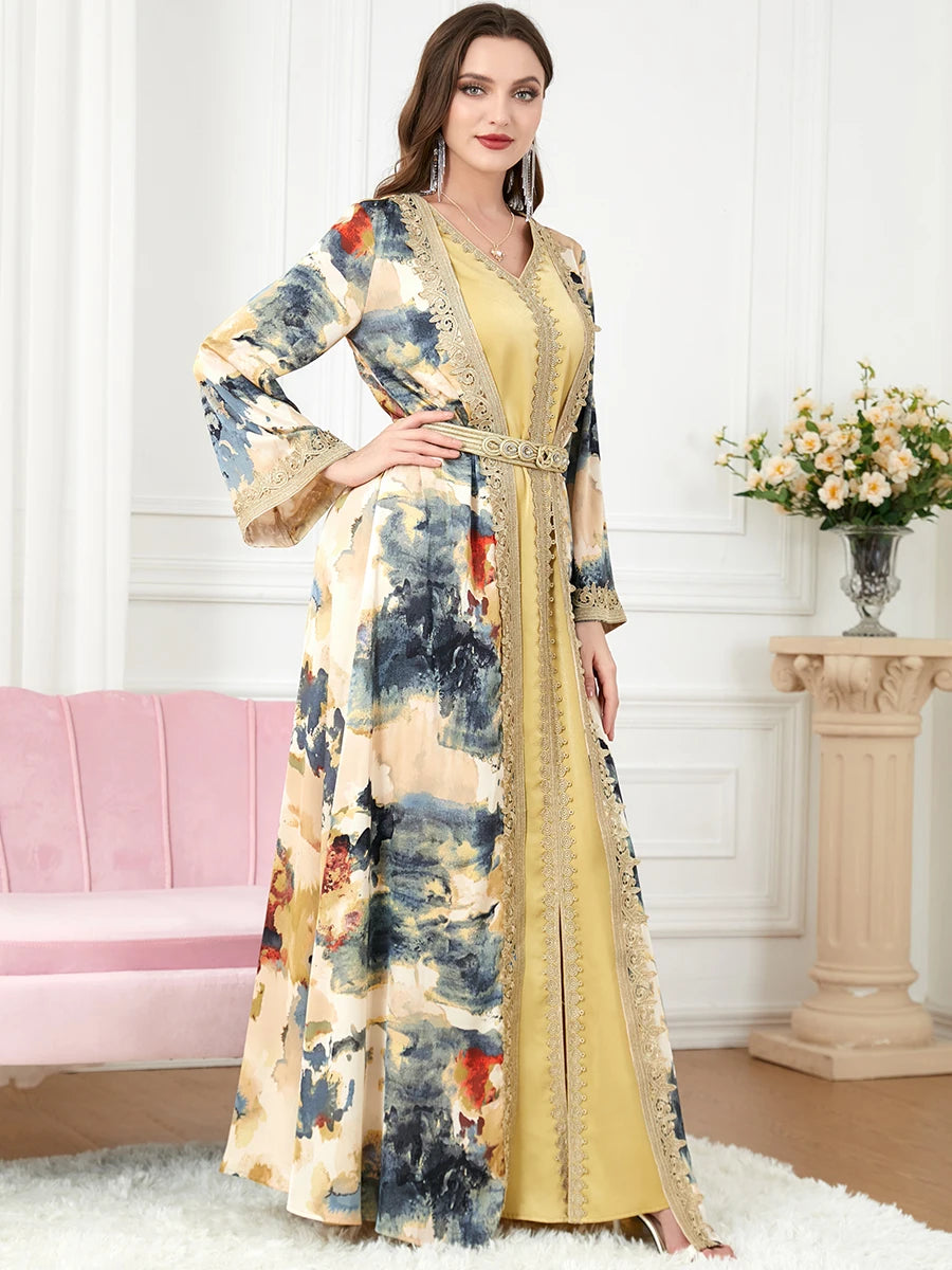 Moroccan Caftan Woman Jalabiya Abaya Muslim Dubai Ladies Luxury Belt Embroidery Kaftans 2 Piece Suit Islamic Long Dresses