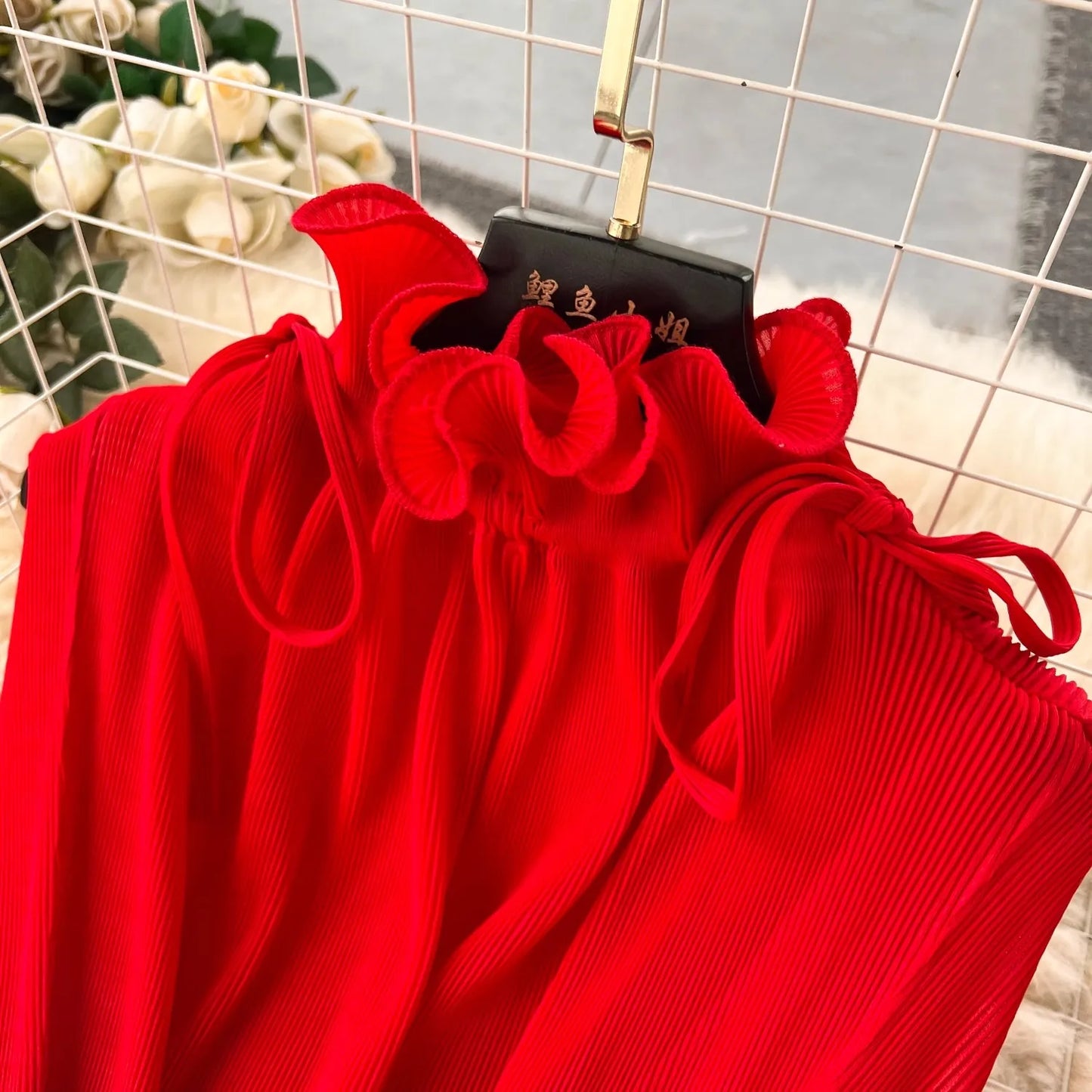 Elegant Pleated Dress For Women's Ruffles Stand Collar Sleeveless Belt High Waist A-Line Dress  Fashion New Clothing