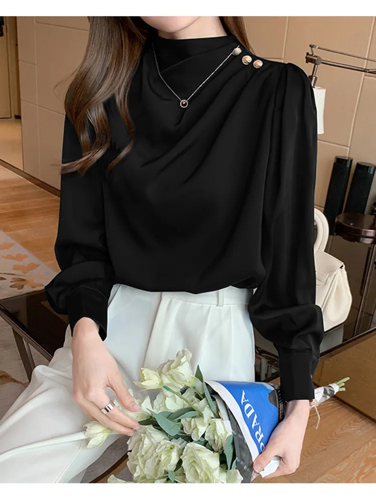 Women Shirt Long Puff Sleeve Satin Chiffon Tops Elegant High Collar Blouses Red White Blue Ladies Tops Blusas