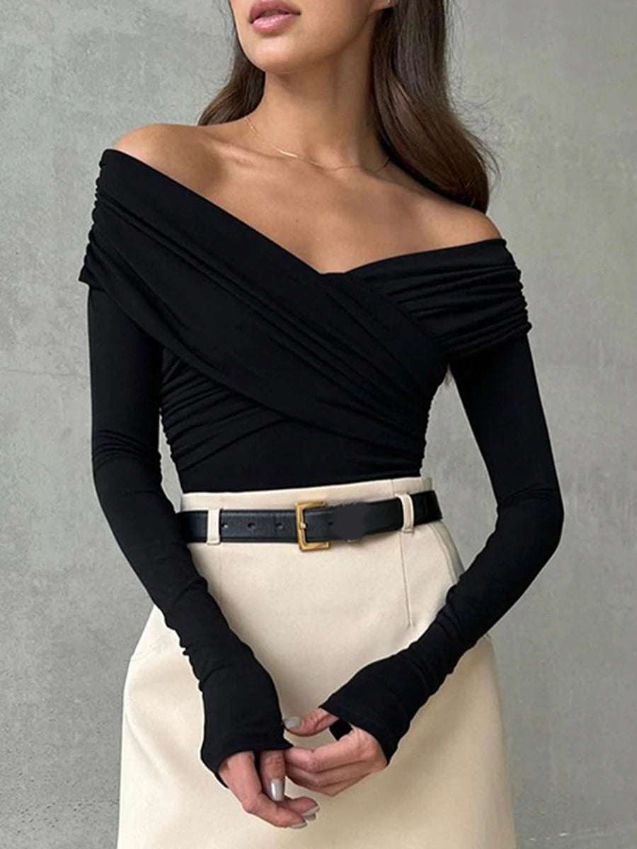 Women Solid Color Basic Shirt Front Cross V-Neck Long Sleeve Off Shoulder Blouse Spring Fall Slim Fit Pullovers Top Casual Daily