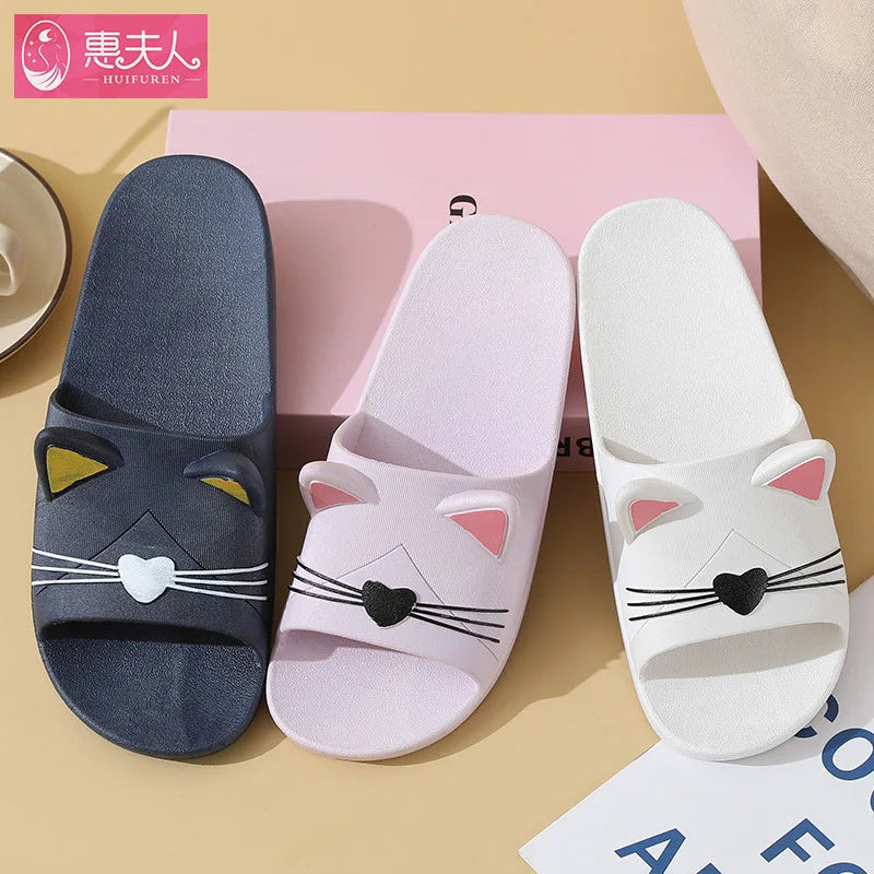 New Summer Slippers Women Home Shoes Sandals Cartoon Cats Flip Flops Men Couple's Soft Sole Bathroom Slippers Zapatillas