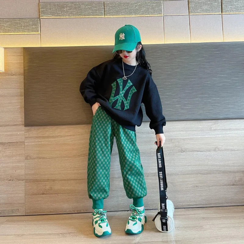 Spring Autumn Active Kids Clothes Girl Cotton Sport Tracksuit Long Sleeve Sweatshirt+Geometric Pant 2Pcs Outfit 6 8 12 14Y
