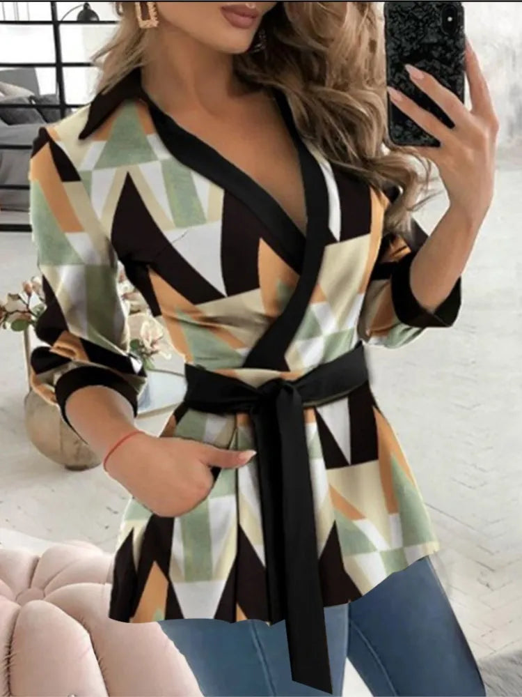 Long Sleeve Print Belt Shirt For Women, Slim Blouses And Tops Shirts Elegant Clothing