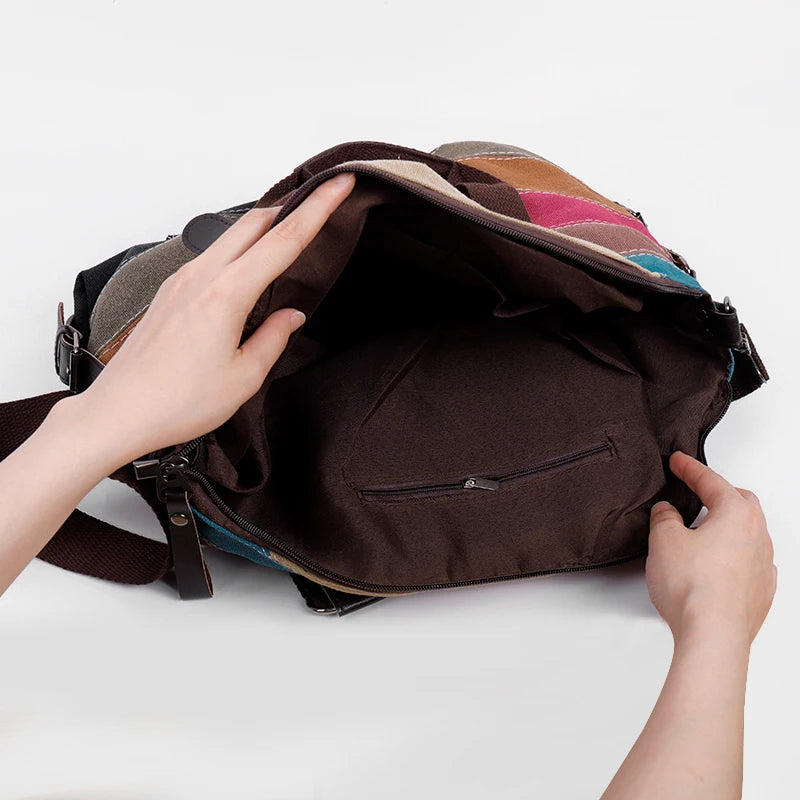 Women's Large Capacity Travel Bag Ladies Fashion Handbag Patchwork Rainbow One Shoulder Canvas Messenger Bag