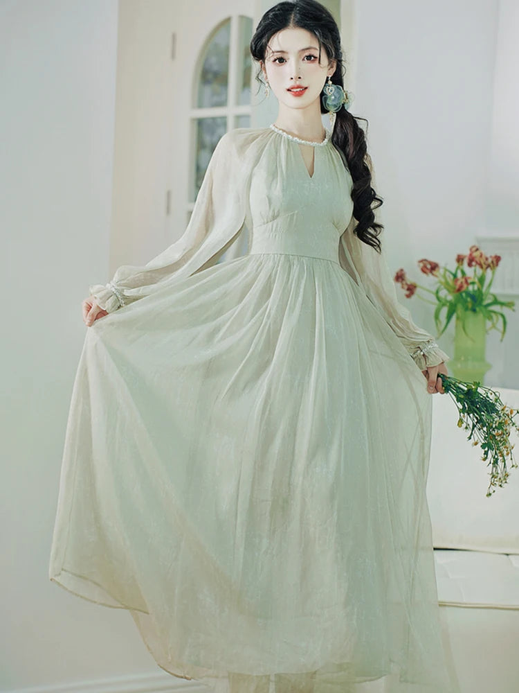 Green Chiffon Chic Diamonds V-Neck Long Dress Spring Autumn Elegant Casual Home Dresses Women Korean Fashion Party