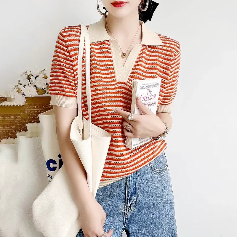 V-Neck Spliced Hollow Out Striped Knitted Blouse Women Clothing  Summer Casual Tops Korean Shirt