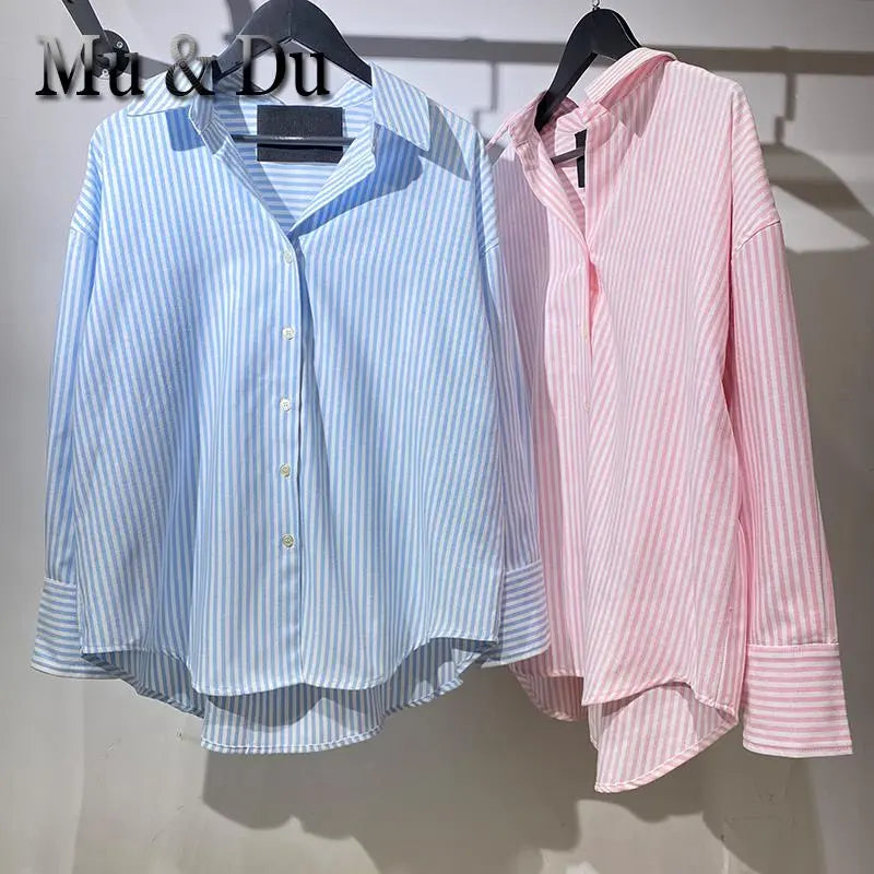 Women's Chic Pink Striped V-neck Single Breasted Shirt Basic Casual Versatile Loose Blouse Female Blusas Tops