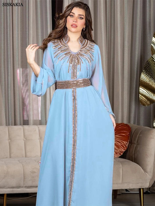 Arab Robe Fashion Middle East Muslim Kaftan Dubai Hot Fix Diamond Party Evening Dresses for Women Notched Stand Collar