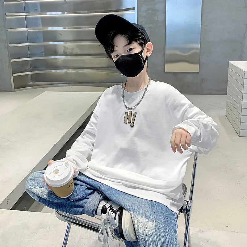 Spring Teenage Boys Long Sleeve Cotton Tshirt For School Kids Casual White T-shirt For 5 6 7 8 9 10 11 12 13 14 Years