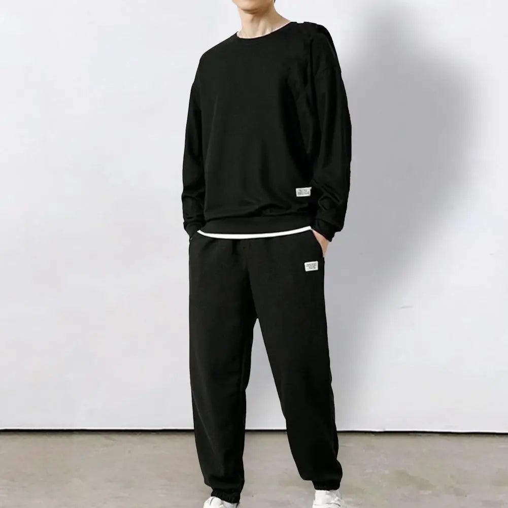 Men Top Trousers Set Men's Casual Waffle Texture Sweatshirt Suit with Elastic Waist Jogger Pants Set for Autumn Winter Youth
