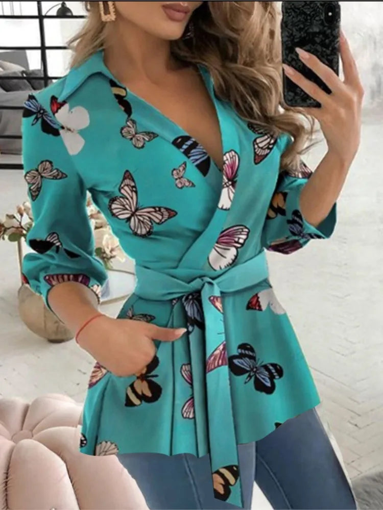 Long Sleeve Print Belt Shirt For Women, Slim Blouses And Tops Shirts Elegant Clothing
