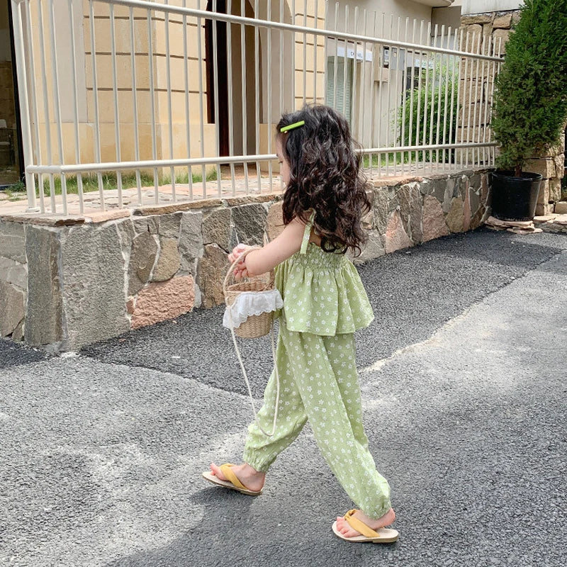 Summer Girls' Clothing Sets Sweet Cute Floral Camisole Plus Anti-Mosquito Pants Fashion Baby Kids Outfit Children Girls Clothes kids girls  toddlers