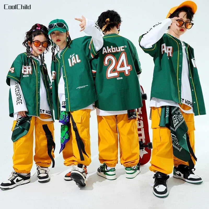 Hip Hop Boys Fashion Baseball Jacket Solid Caro Pants Girls Cool Streetwear Children Jazz Clothes Sets Kids Street Dance Costume